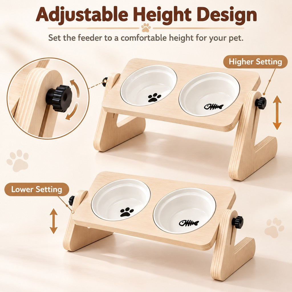 Ortekor Adjustable Wooden Elevated Pet Feeder with Double Ceramic Bowls for Cats & Small Dogs - Comfortable Feeding Station for Home Use