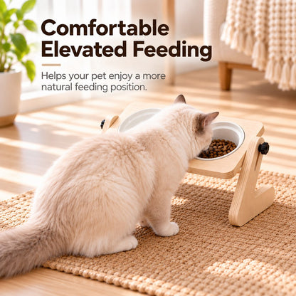 Ortekor Adjustable Wooden Elevated Pet Feeder with Double Ceramic Bowls for Cats & Small Dogs - Comfortable Feeding Station for Home Use