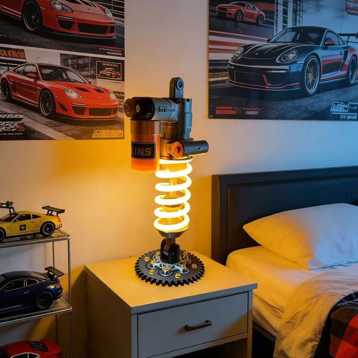 Racing Shock Absorber Desk Light with Rechargeable LED & Touch Dimmer for Gaming Rooms & Garages