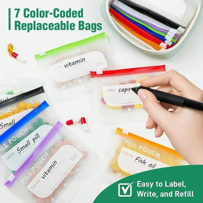 Weekly Pill Organizer Case with 14 Labeled Pouches & Zipper for Travel
