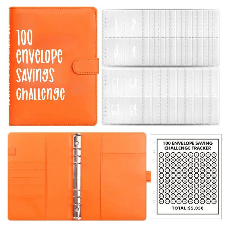 100-Envelope Money Saving Binder with Cash Envelopes for Budget Tracking & Financial Goals | PU Leather Organizer for Home Finance