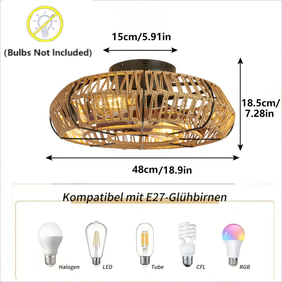 Handwoven Rattan Ceiling Fan with Integrated Light – Zen Style for Living Room, Bedroom & Dining Room