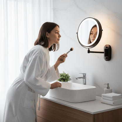 Illuminated Magnifying Vanity Mirror 8-Inch Round Wall-Mount Rechargeable USB Touch-Dimming Cosmetic Grooming Mirror for Bathroom Makeup Ski