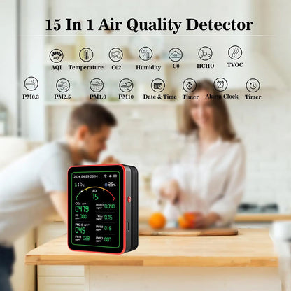15-in-1 Indoor Air Quality Monitor with WiFi – Real-Time CO2, VOC, Formaldehyde & PM2.5 Detector for Home, Office & Smart Automation