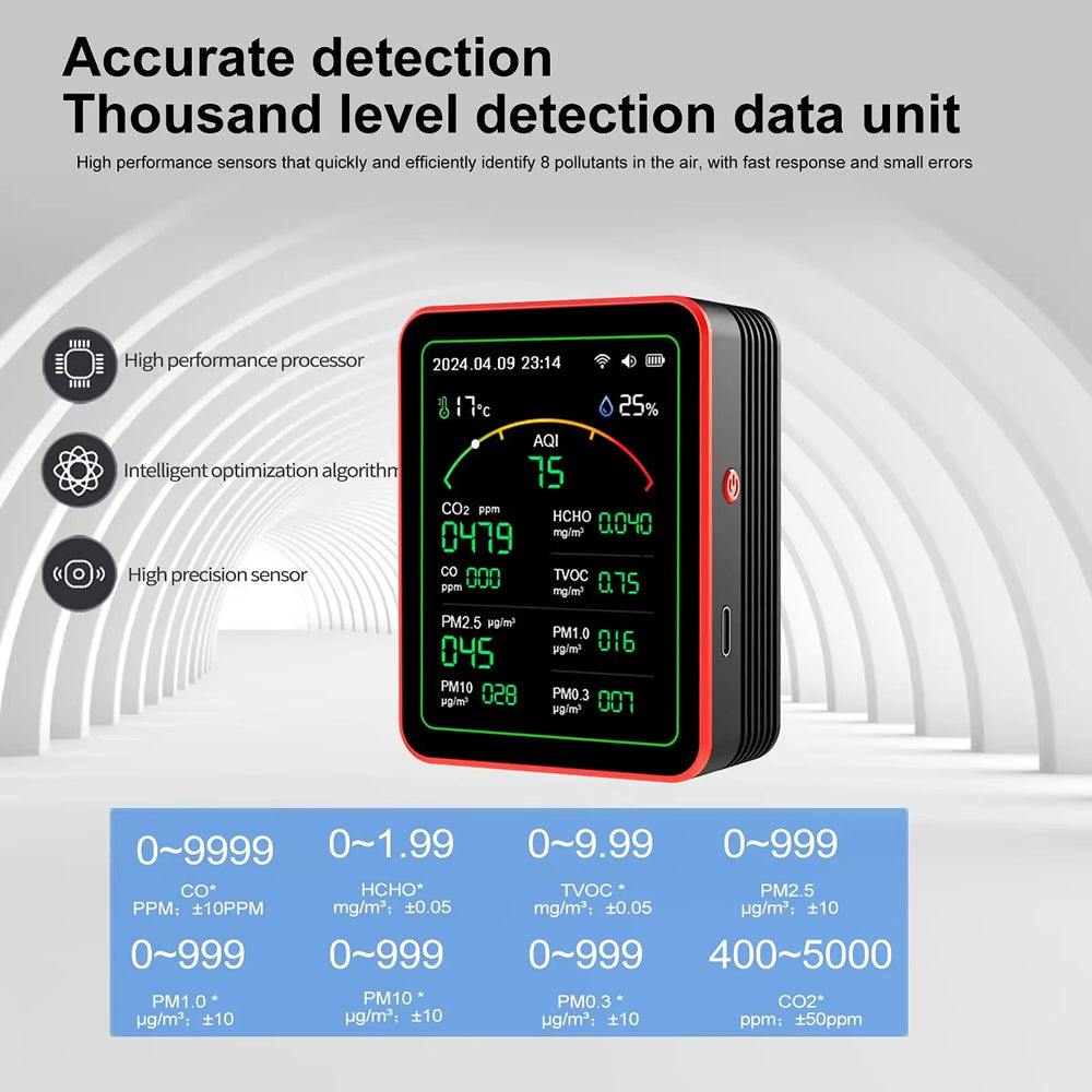 15-in-1 Indoor Air Quality Monitor with WiFi – Real-Time CO2, VOC, Formaldehyde & PM2.5 Detector for Home, Office & Smart Automation