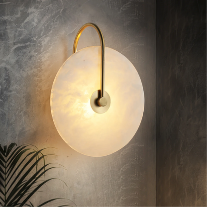 Natural Alabaster LED Wall Sconce – Stone Circle Light with Black or Gold Frame – Warm Glow Accent Lamp for Bedroom Hallway Living Room