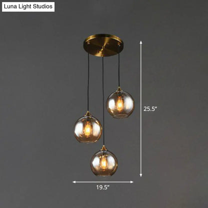 Three-Light Hanging Ceiling Fixture with Tapered Glass Globes in Antique Brass Finish for Dining Room Kitchen Island
