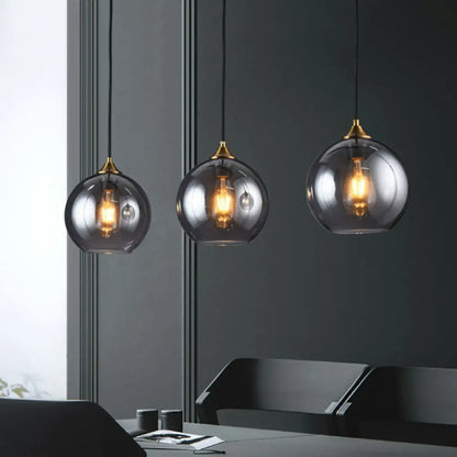 Three-Light Hanging Ceiling Fixture with Tapered Glass Globes in Antique Brass Finish for Dining Room Kitchen Island