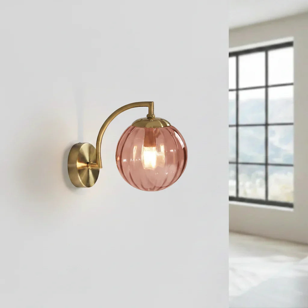 Globe Sconce 9-Inch Gold Arm Smoked Ribbed Glass Sphere Fixture Bedroom Beside Reading Light Hallway Entry Art Deco Retro Modern