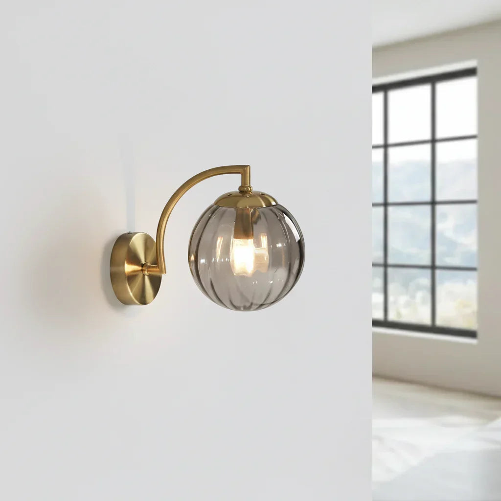 Globe Sconce 9-Inch Gold Arm Smoked Ribbed Glass Sphere Fixture Bedroom Beside Reading Light Hallway Entry Art Deco Retro Modern