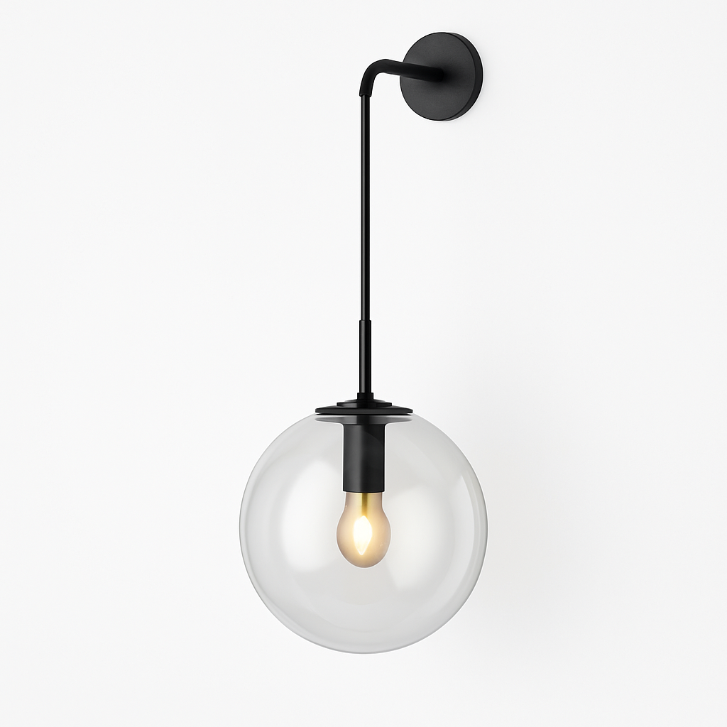 Glass Globe Wall Sconce with Metal Arm | Modern Industrial Hanging Sphere Light Fixture for Living Room, Bedroom & Dining