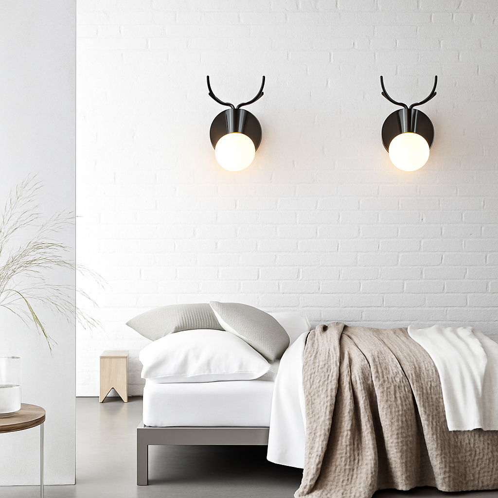 Scandinavian Wood & Metal Sconce E27 Socket 7.5×5×4.7 Inch White Black Antler Branch Reading Light Bedside Hallway Fixture Minimalist Decor