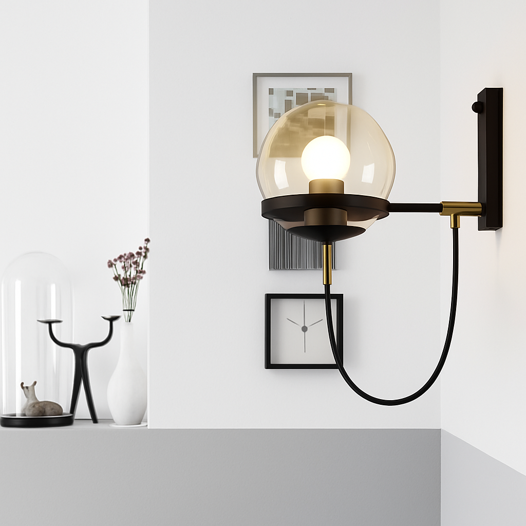 Metal Glass Globe Wall Sconce LED Light Fixture Bedroom Hallway Entryway Modern Minimalist Indoor Lighting Gold Black Finish Home Accent