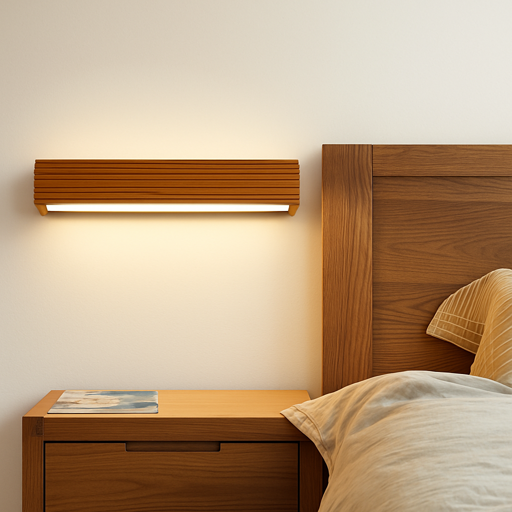 Carved Wood LED Wall Sconce Light – Rectangular Modern Ambient Fixture for Bedroom, Living Room, Bathroom – Energy Efficient Integrated
