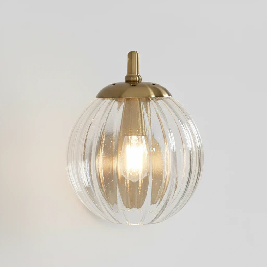 Globe Sconce 9-Inch Gold Arm Smoked Ribbed Glass Sphere Fixture Bedroom Beside Reading Light Hallway Entry Art Deco Retro Modern