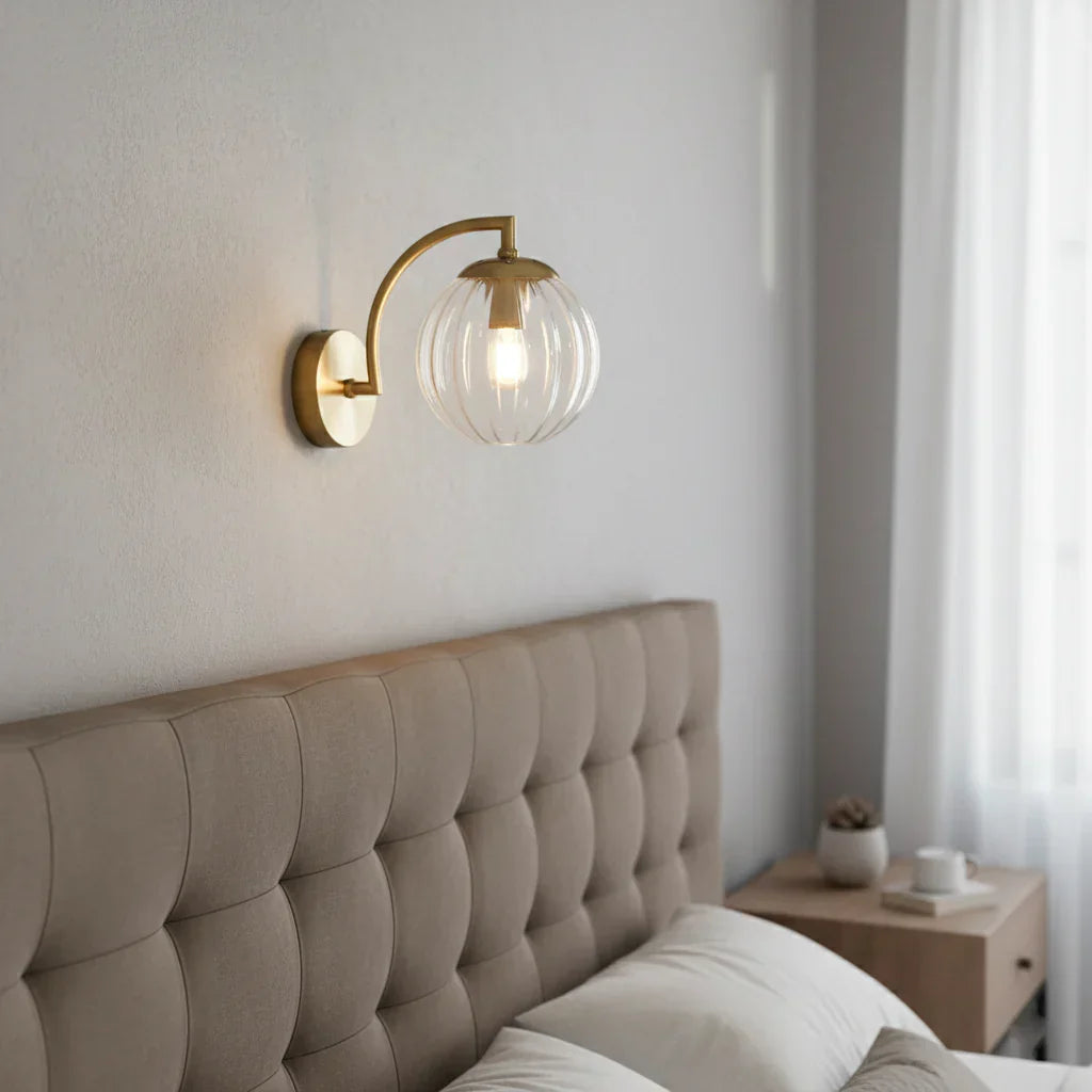 Globe Sconce 9-Inch Gold Arm Smoked Ribbed Glass Sphere Fixture Bedroom Beside Reading Light Hallway Entry Art Deco Retro Modern
