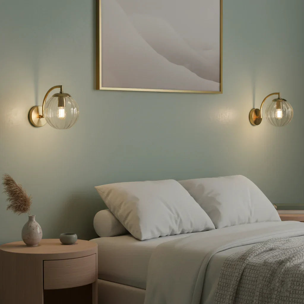 Globe Sconce 9-Inch Gold Arm Smoked Ribbed Glass Sphere Fixture Bedroom Beside Reading Light Hallway Entry Art Deco Retro Modern