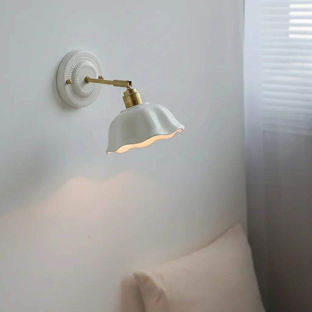 Adjustable Swing Arm Sconce with Porcelain Shade 7 in White & Copper Finish Task Light for Bedroom Nightstand Living Room Wall Accent