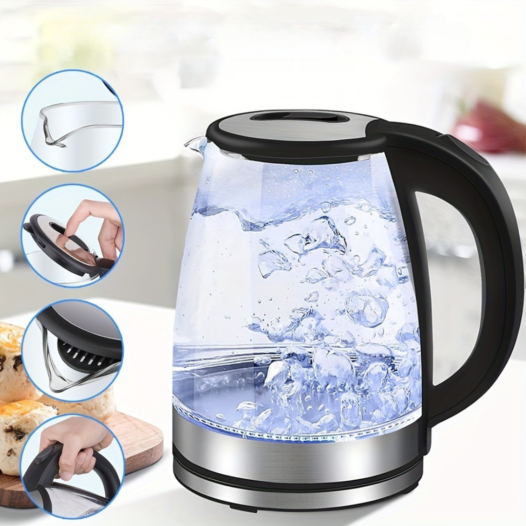 Elegant Glass Electric Kettle | 2L Capacity with Rapid Boil & LED Light | Safe Automatic Shut-Off for Effortless Brewing