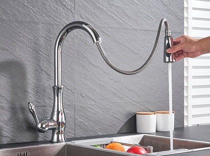 Single-Handle Brass Sink Mixer with Retractable Spray Hose for Kitchen – 17.7 in Height, 360° Swivel Spout, Easy-Install Single-Hole Mount,