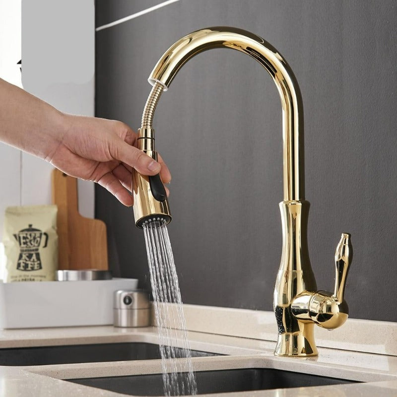 Single-Handle Brass Sink Mixer with Retractable Spray Hose for Kitchen – 17.7 in Height, 360° Swivel Spout, Easy-Install Single-Hole Mount,