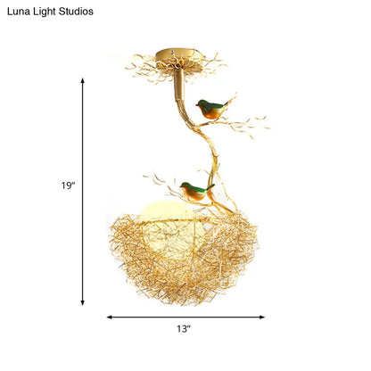 Nature-Inspired Ceiling Pendant Light with Bird Accents & Woven Metal Design — Gold Hanging Fixture for Dining Room, Bedroom, Living Room