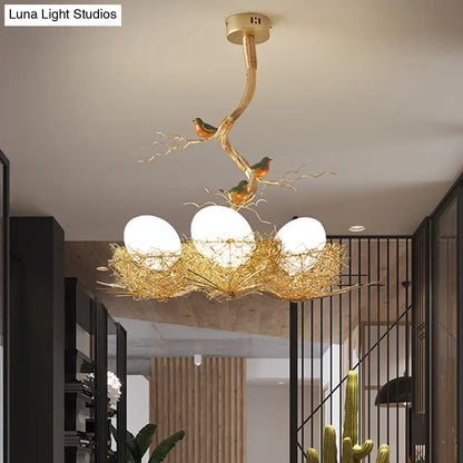 Nature-Inspired Ceiling Pendant Light with Bird Accents & Woven Metal Design — Gold Hanging Fixture for Dining Room, Bedroom, Living Room