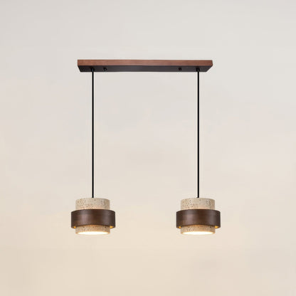 Natural Travertine Stone Pendant Light with Wood Accents – Adjustable Height LED Ceiling Fixture for Dining Room, Kitchen Island & Bar