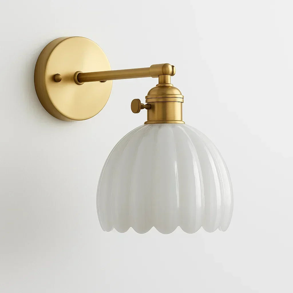 E27 Sconce with Floral Glass Shade – Brass Accent Fixture for Bedside, Entryway & Cozy Rooms – 7 in Height, Vintage-Inspired Design, Fits LE