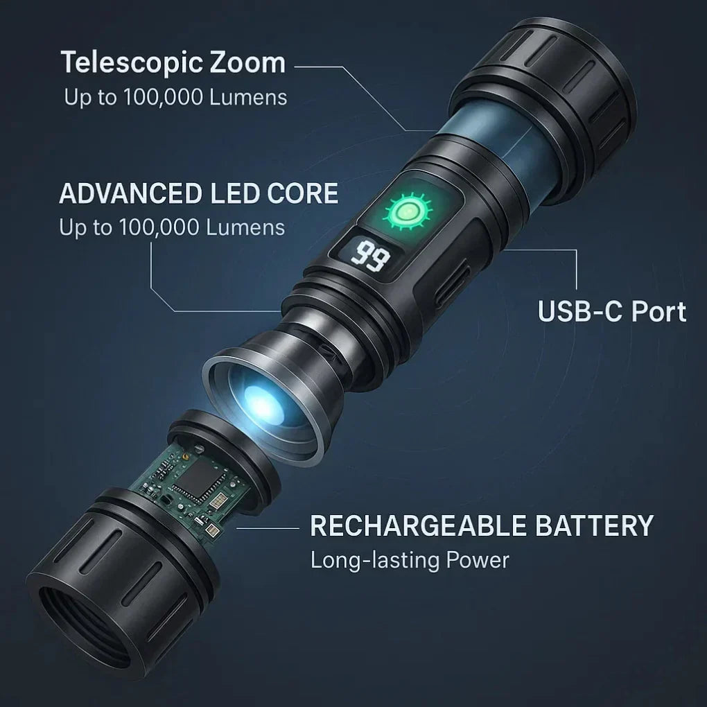High-Lumen Rechargeable Tactical Flashlight with 5 Modes & 1640 ft Beam for Camping, Hunting & Emergency Use