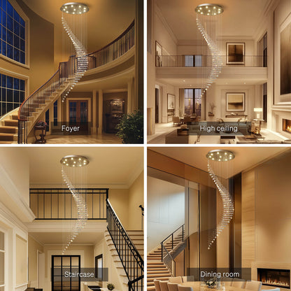 Cascading Crystal Fixture Chrome Finish GU10 Dimmable for Tall Foyers Stairwells Double-Height Rooms Adjustable Height Hanging Light