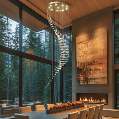 Cascading Crystal Fixture Chrome Finish GU10 Dimmable for Tall Foyers Stairwells Double-Height Rooms Adjustable Height Hanging Light