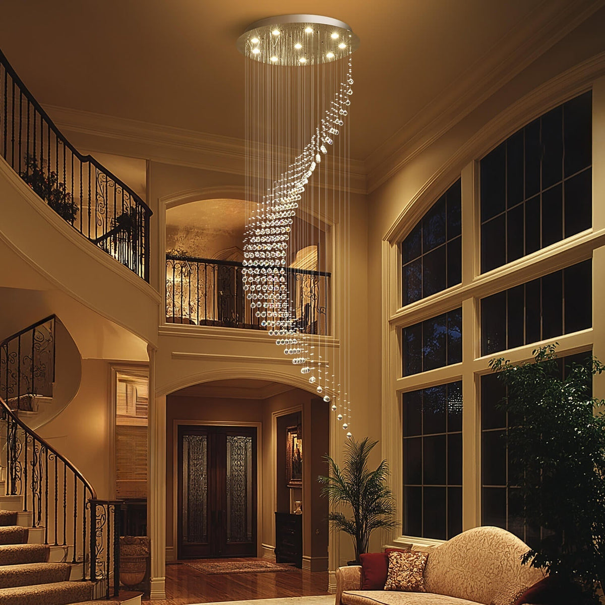 Cascading Crystal Fixture Chrome Finish GU10 Dimmable for Tall Foyers Stairwells Double-Height Rooms Adjustable Height Hanging Light