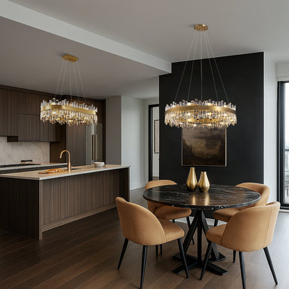 Round Crystal Chandelier Gold Metal 20-Inch Adjustable Height Ceiling Fixture Hanging Lights for Dining Tables Kitchen Islands Living Spaces