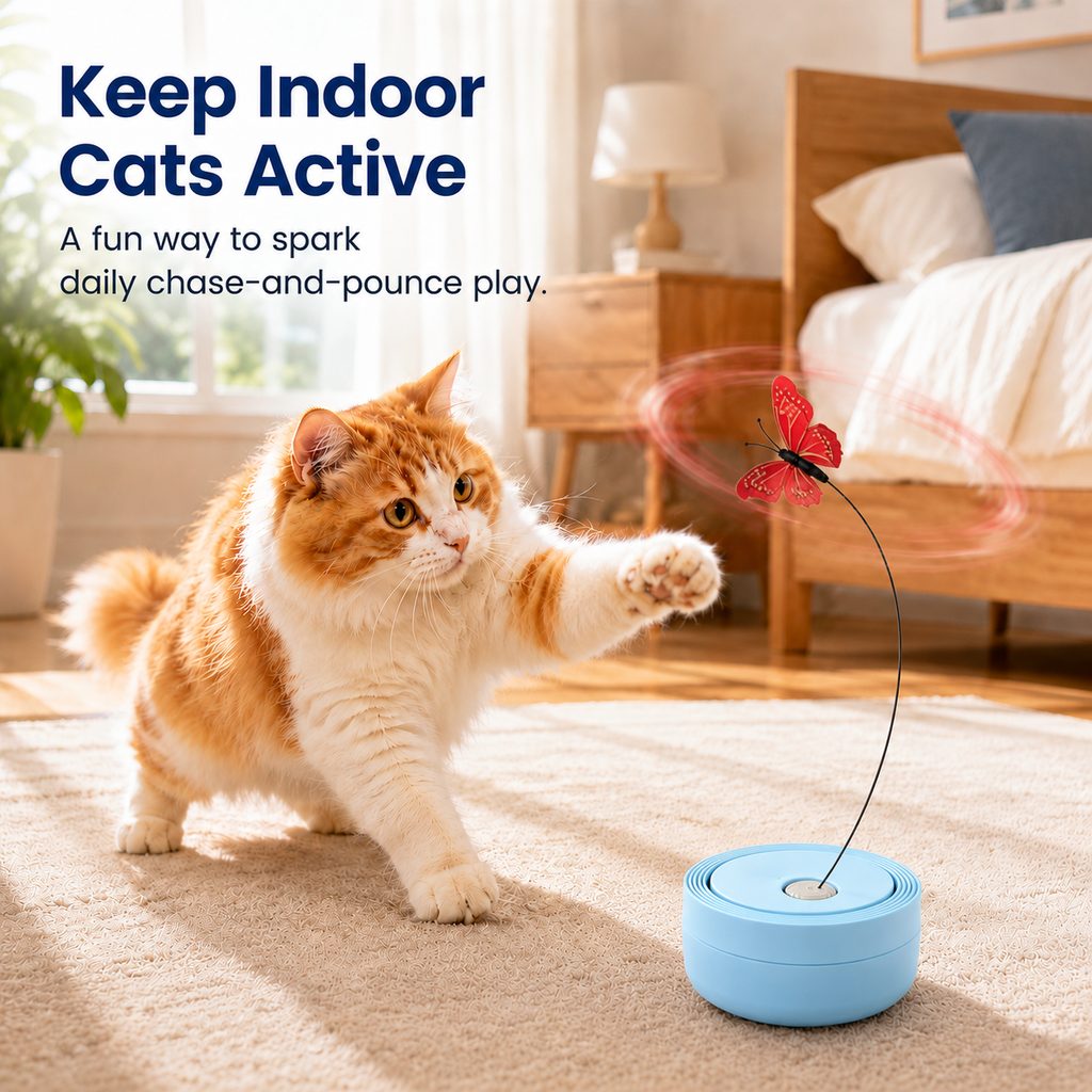 Ortekor FlutterFly 360 Automatic Butterfly Cat Toy for Indoor Cats - Hands-Free Self-Play Teaser to Beat Boredom