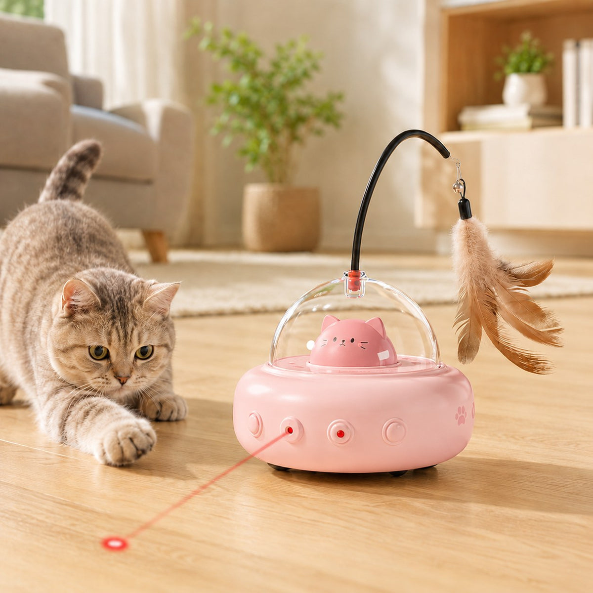Ortekor Automatic UFO Cat Toy for Indoor Cats - Red Dot Laser, Feather Teaser & Catnip Ball for Bored Cats While You're Busy
