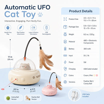 Ortekor Automatic UFO Cat Toy for Indoor Cats - Red Dot Laser, Feather Teaser & Catnip Ball for Bored Cats While You're Busy