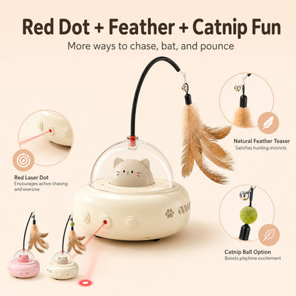 Ortekor Automatic UFO Cat Toy for Indoor Cats - Red Dot Laser, Feather Teaser & Catnip Ball for Bored Cats While You're Busy
