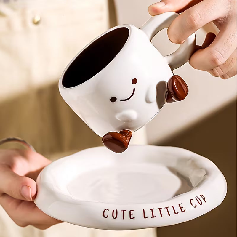 Ceramic Mug and Saucer Set 8.5 oz White with Hand-Painted Smile for Coffee Tea Latte Hot Chocolate Kitchen Gift for Coffee Lovers