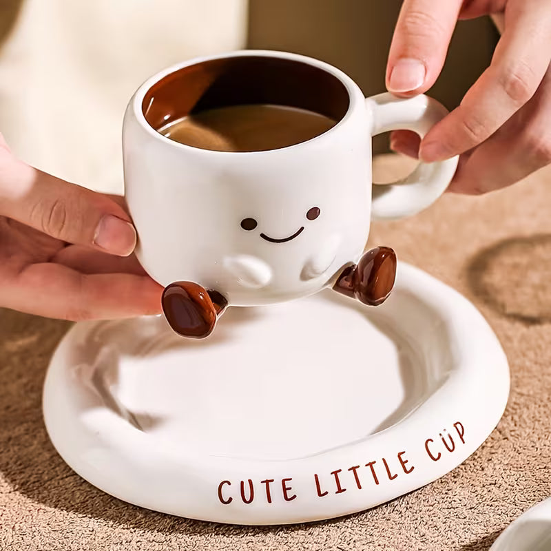 Ceramic Mug and Saucer Set 8.5 oz White with Hand-Painted Smile for Coffee Tea Latte Hot Chocolate Kitchen Gift for Coffee Lovers