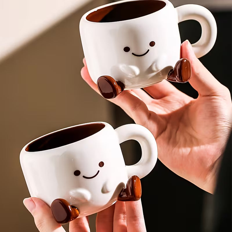 Ceramic Mug and Saucer Set 8.5 oz White with Hand-Painted Smile for Coffee Tea Latte Hot Chocolate Kitchen Gift for Coffee Lovers