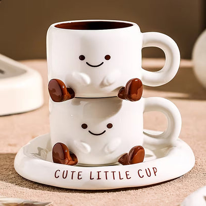 Ceramic Mug and Saucer Set 8.5 oz White with Hand-Painted Smile for Coffee Tea Latte Hot Chocolate Kitchen Gift for Coffee Lovers