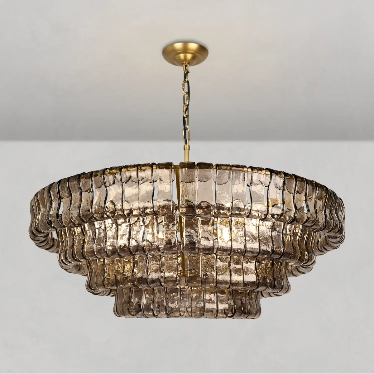 Textured Glass Round Chandelier with Curved Panels in Metallic Finish for Dining Room & Living Room | 24 to 60 Inch