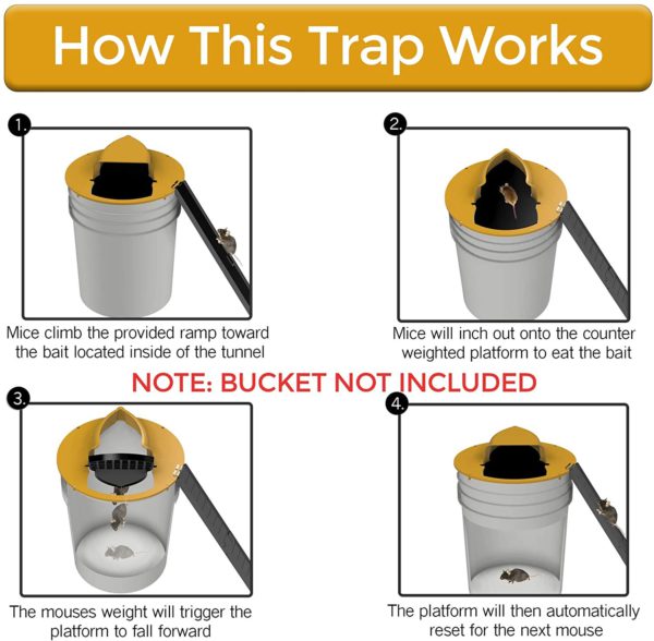 Humane Bucket-Top Rodent Catcher for Mice & Young Rats – Reusable Live Trap with Weighted Ramp – Safe for Pets & Kids
