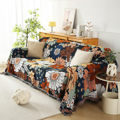 Felicity Sofa Cover - Pure Cotton, Flower power Design with Tassels