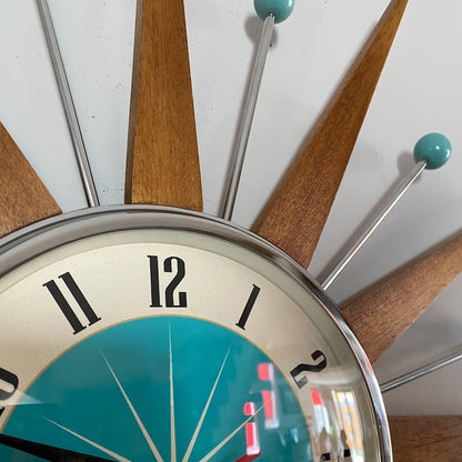 Handcrafted Sunburst Wall Clock Mid-Century Modern Design 16 Inch Silent Battery Operated Decorative Timepiece for Living Room Bedroom