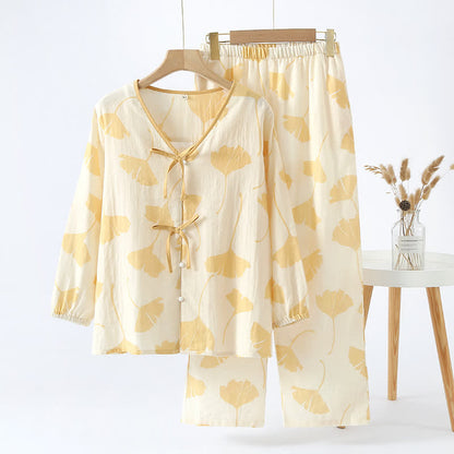 Women's Cotton Pajama Set with Ginkgo Leaf Print and Bow Tie Detail for Lounging at Home