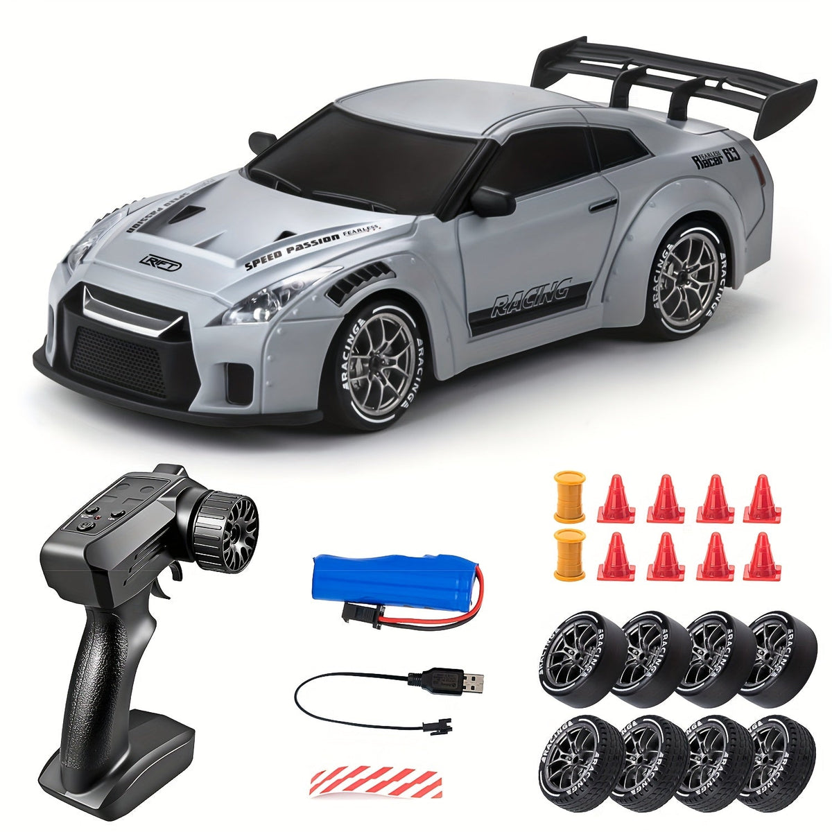 4WD Remote Control Racing Car with Light-Up Wheels – Gray 1:24 Scale Rechargeable Drift Vehicle for Kids & Hobbyists