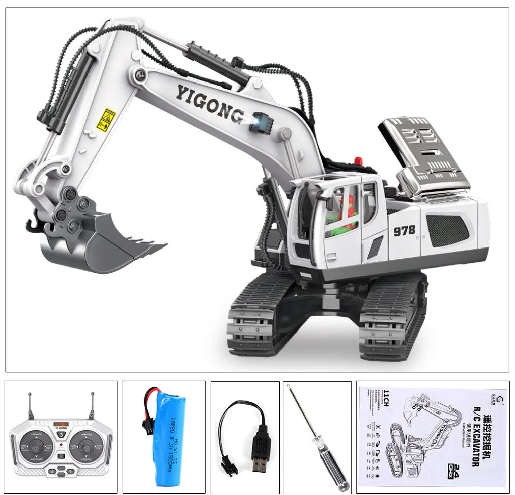 Remote Control Excavator Toy 1:20 Scale with Hydraulic System | 18-Channel Radio Control | Metal Construction Parts | Rechargeable Battery