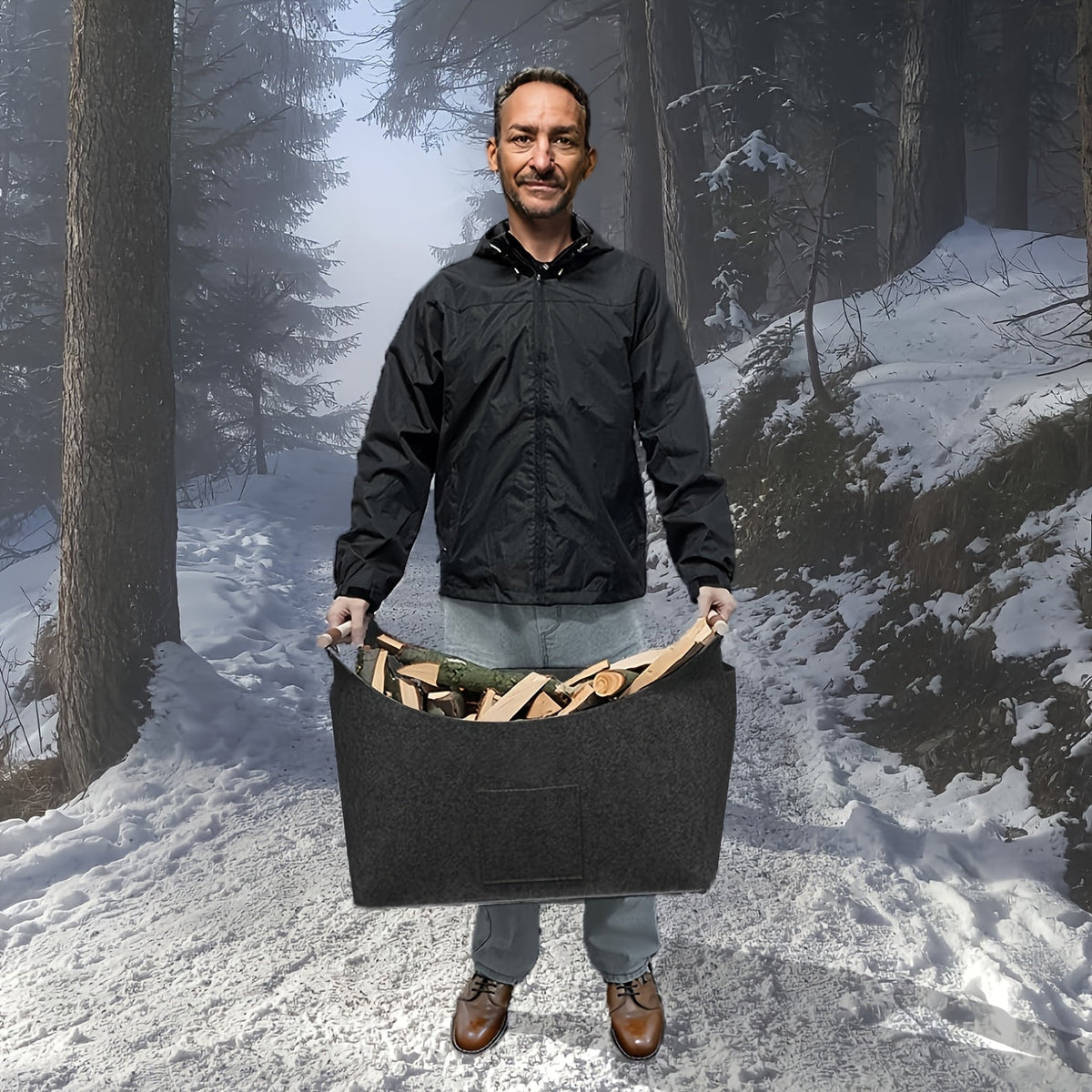 Collapsible Firewood Basket with Wooden Handles – 14.5 Gallon Felt Log Carrier for Living Room & Fireplace – Dark Gray Storage Bin